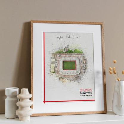 Southampton, 'St Mary's' Football Stadium Poster Artwork, Personalised Watercolour Art Print, Custom Aerial Layout - Framing options available ANY STADIUM Worldwide.