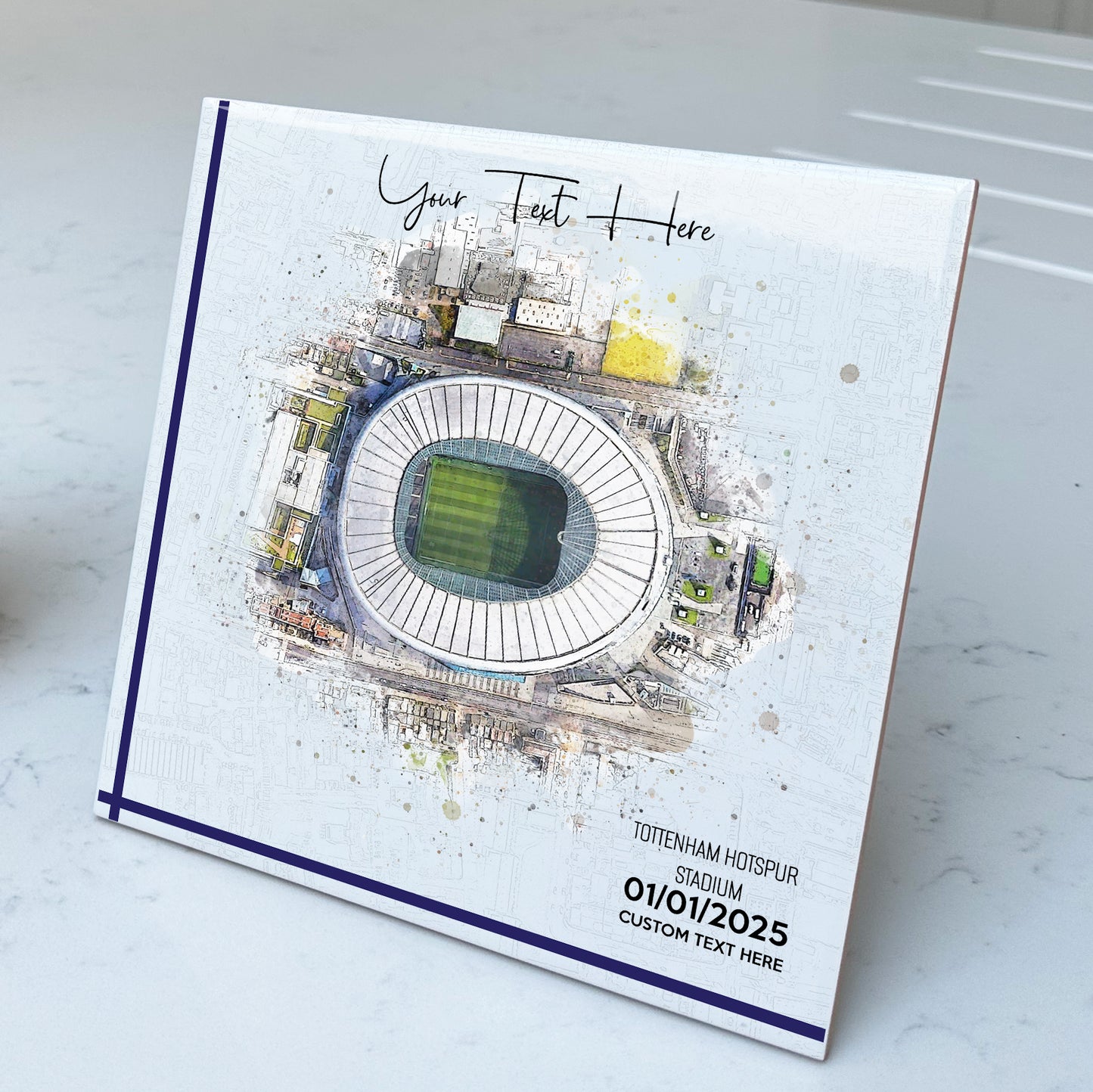 Personalised Football Stadium Aerial Watercolour Style Artwork on Mounted Ceramic Tile