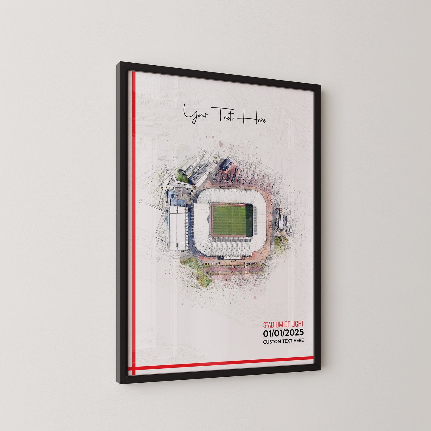 Sunderland, 'Stadium of Light' Football Stadium Poster Artwork, Personalised Watercolour Art Print, Custom Aerial Layout - Framing options available ANY STADIUM Worldwide.