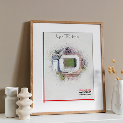 Sunderland, 'Stadium of Light' Football Stadium Poster Artwork, Personalised Watercolour Art Print, Custom Aerial Layout - Framing options available ANY STADIUM Worldwide.