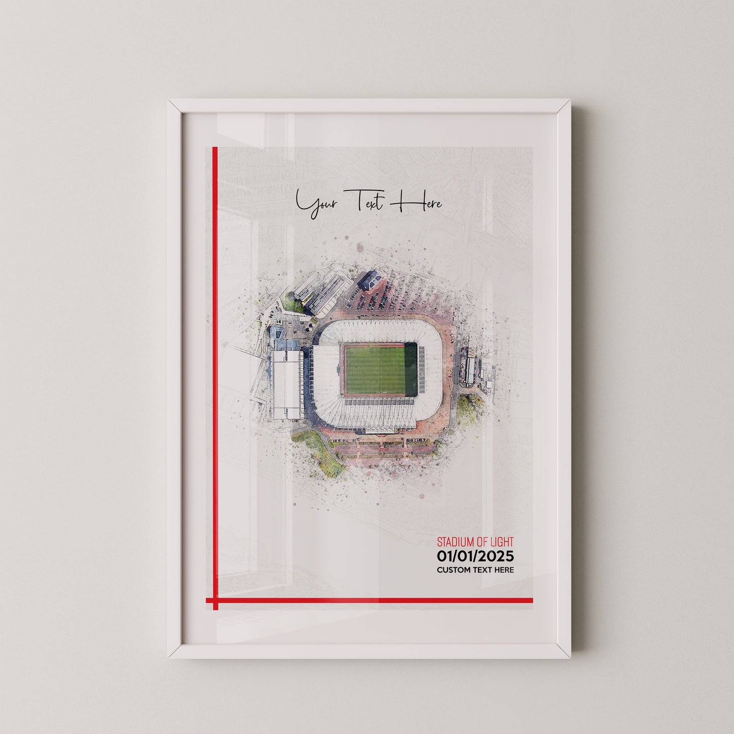 Sunderland, 'Stadium of Light' Football Stadium Poster Artwork, Personalised Watercolour Art Print, Custom Aerial Layout - Framing options available ANY STADIUM Worldwide.