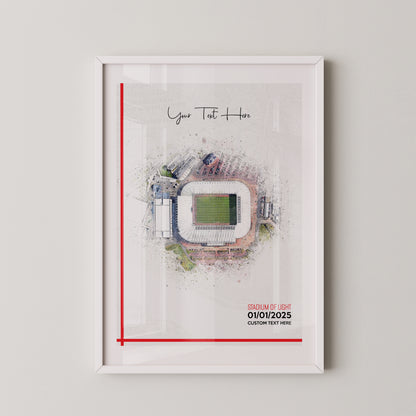 Sunderland, 'Stadium of Light' Football Stadium Poster Artwork, Personalised Watercolour Art Print, Custom Aerial Layout - Framing options available ANY STADIUM Worldwide.