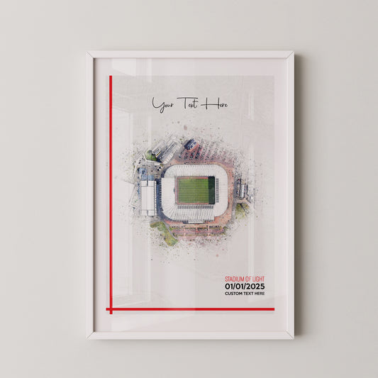 Sunderland, 'Stadium of Light' Football Stadium Poster Artwork, Personalised Watercolour Art Print, Custom Aerial Layout - Framing options available ANY STADIUM Worldwide.