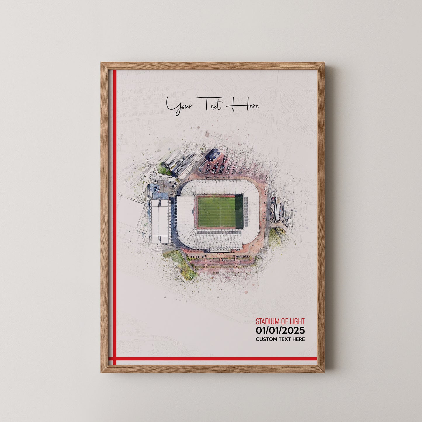 Sunderland, 'Stadium of Light' Football Stadium Poster Artwork, Personalised Watercolour Art Print, Custom Aerial Layout - Framing options available ANY STADIUM Worldwide.