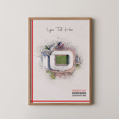Sunderland, 'Stadium of Light' Football Stadium Poster Artwork, Personalised Watercolour Art Print, Custom Aerial Layout - Framing options available ANY STADIUM Worldwide.