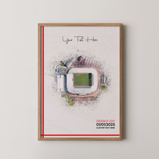 Sunderland, 'Stadium of Light' Football Stadium Poster Artwork, Personalised Watercolour Art Print, Custom Aerial Layout - Framing options available ANY STADIUM Worldwide.