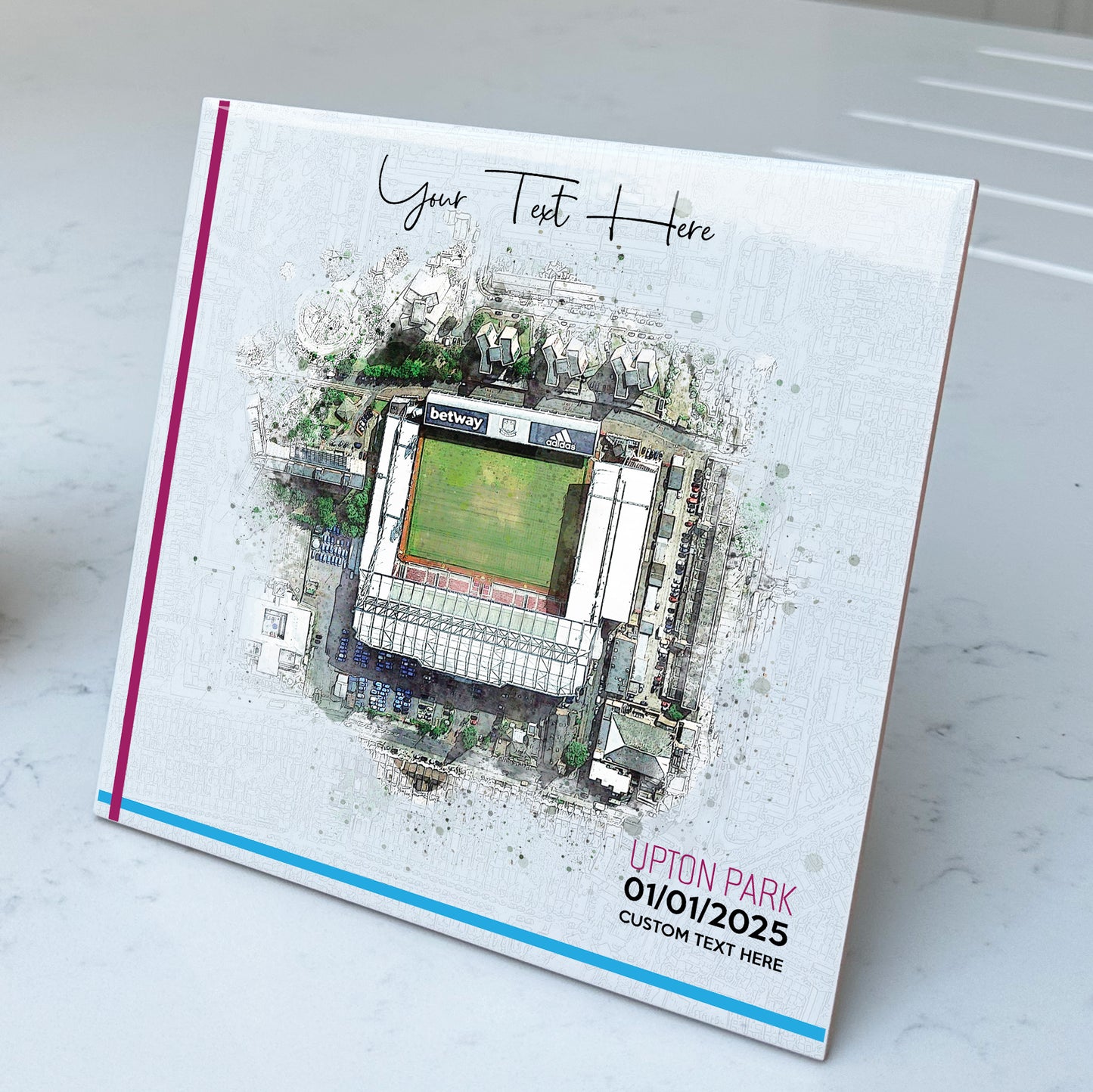 Personalised Football Stadium Aerial Watercolour Style Artwork on Mounted Ceramic Tile