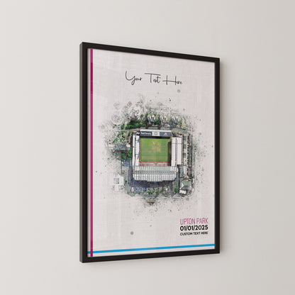 West Ham United, 'Upton Park' Football Stadium Poster Artwork, Personalised Watercolour Art Print, Custom Aerial Layout - Framing options available ANY STADIUM Worldwide.