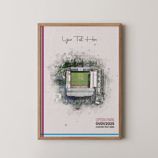 West Ham United, 'Upton Park' Football Stadium Poster Artwork, Personalised Watercolour Art Print, Custom Aerial Layout - Framing options available ANY STADIUM Worldwide.