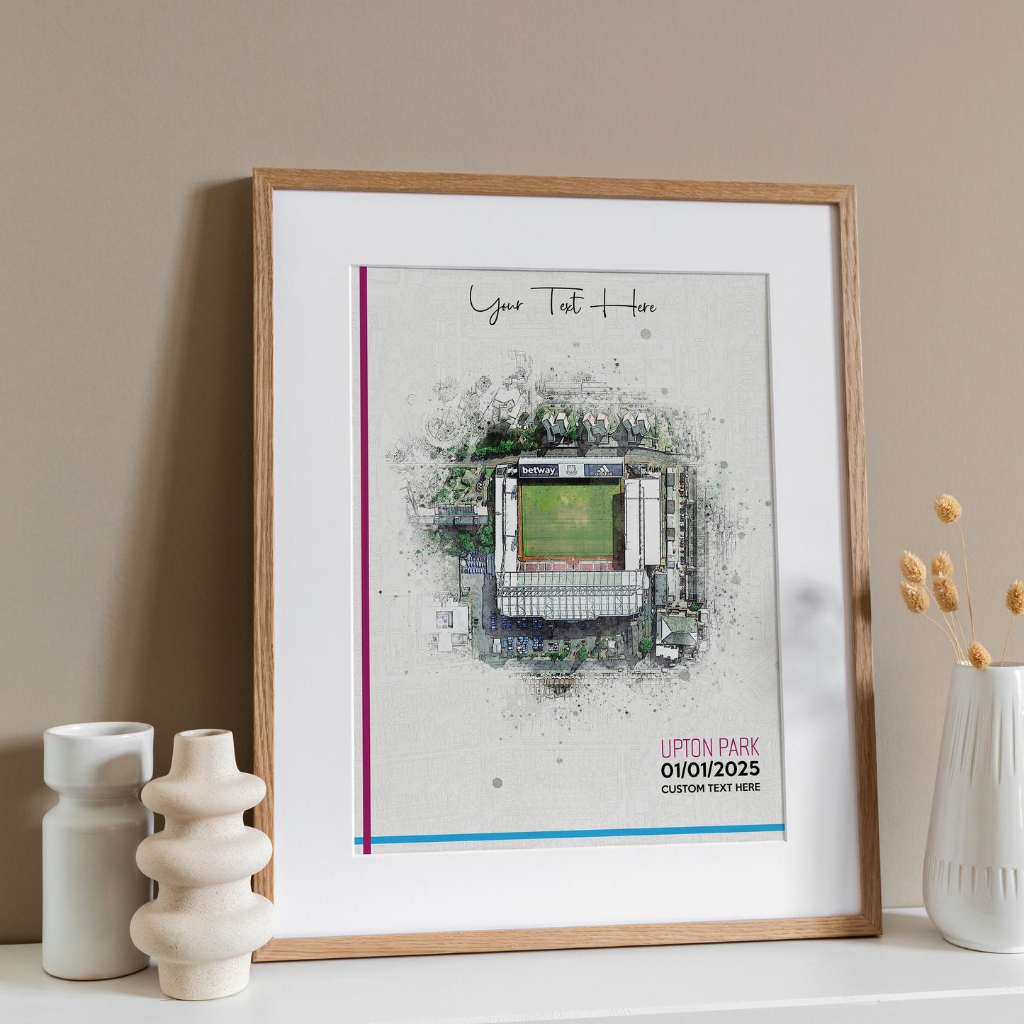 Bespoke Stadium Design Football Stadium Poster Artwork, Personalised Watercolour Art Print, Custom Aerial Layout - Framing options available ANY STADIUM Worldwide.