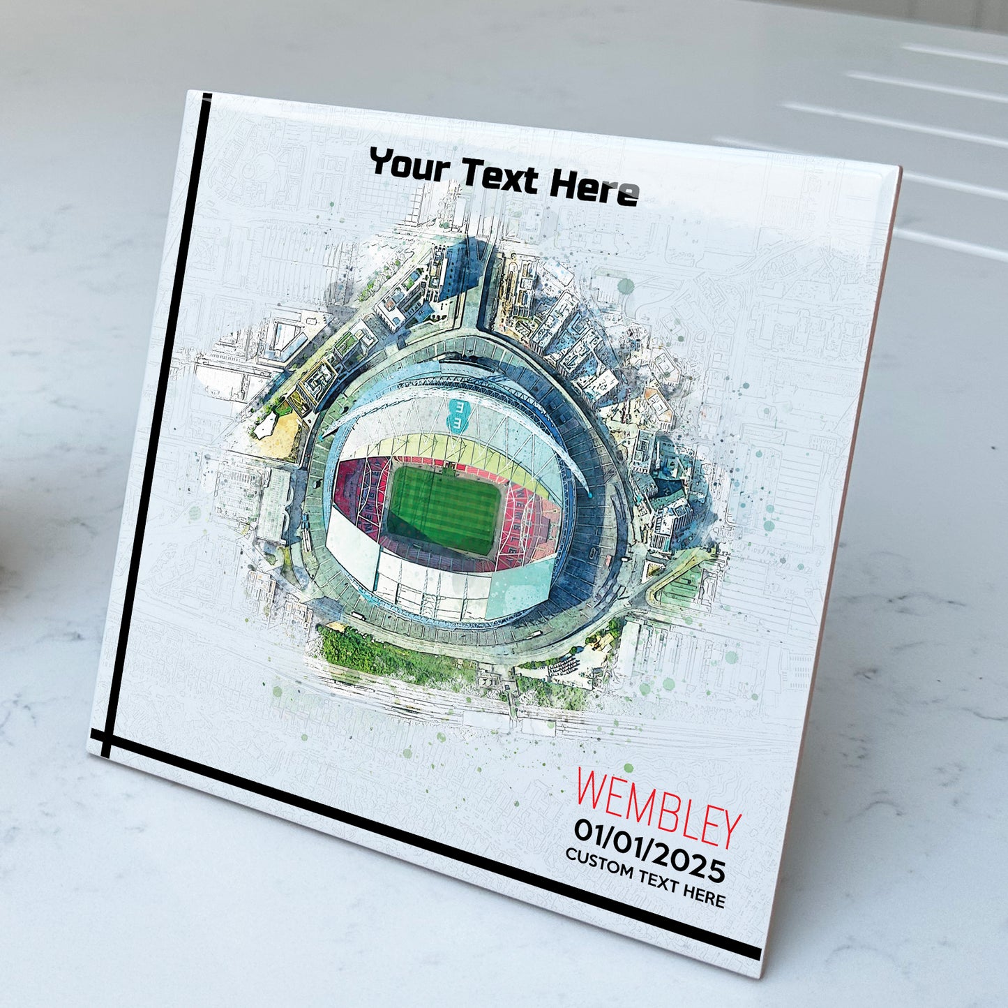 Personalised Football Stadium Aerial Watercolour Style Artwork on Mounted Ceramic Tile