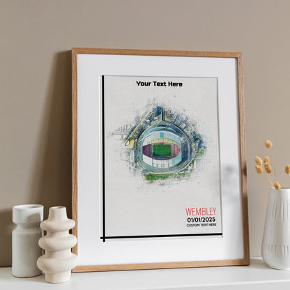 Wembley, 'National Stadium' Football Stadium Poster Artwork, Personalised Watercolour Art Print, Custom Aerial Layout - Framing options available ANY STADIUM Worldwide.