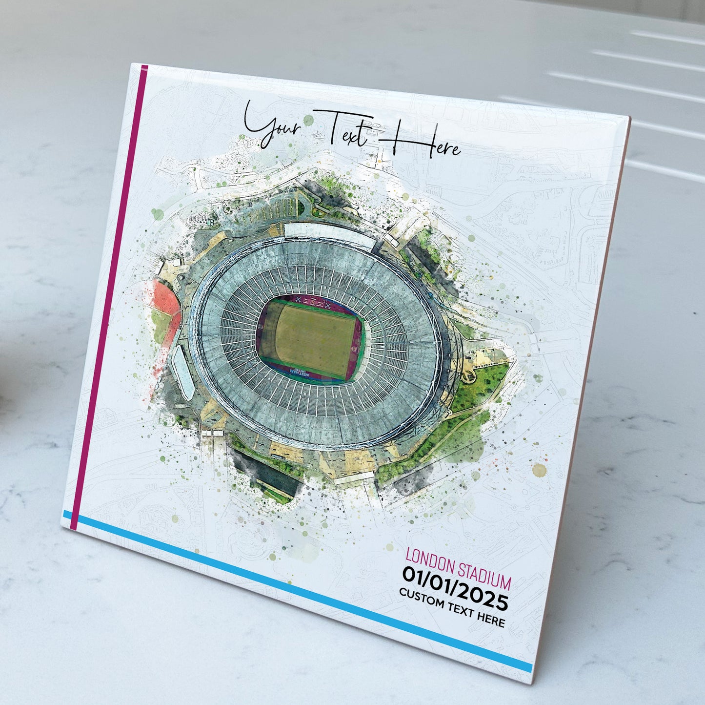 Personalised Football Stadium Aerial Watercolour Style Artwork on Mounted Ceramic Tile