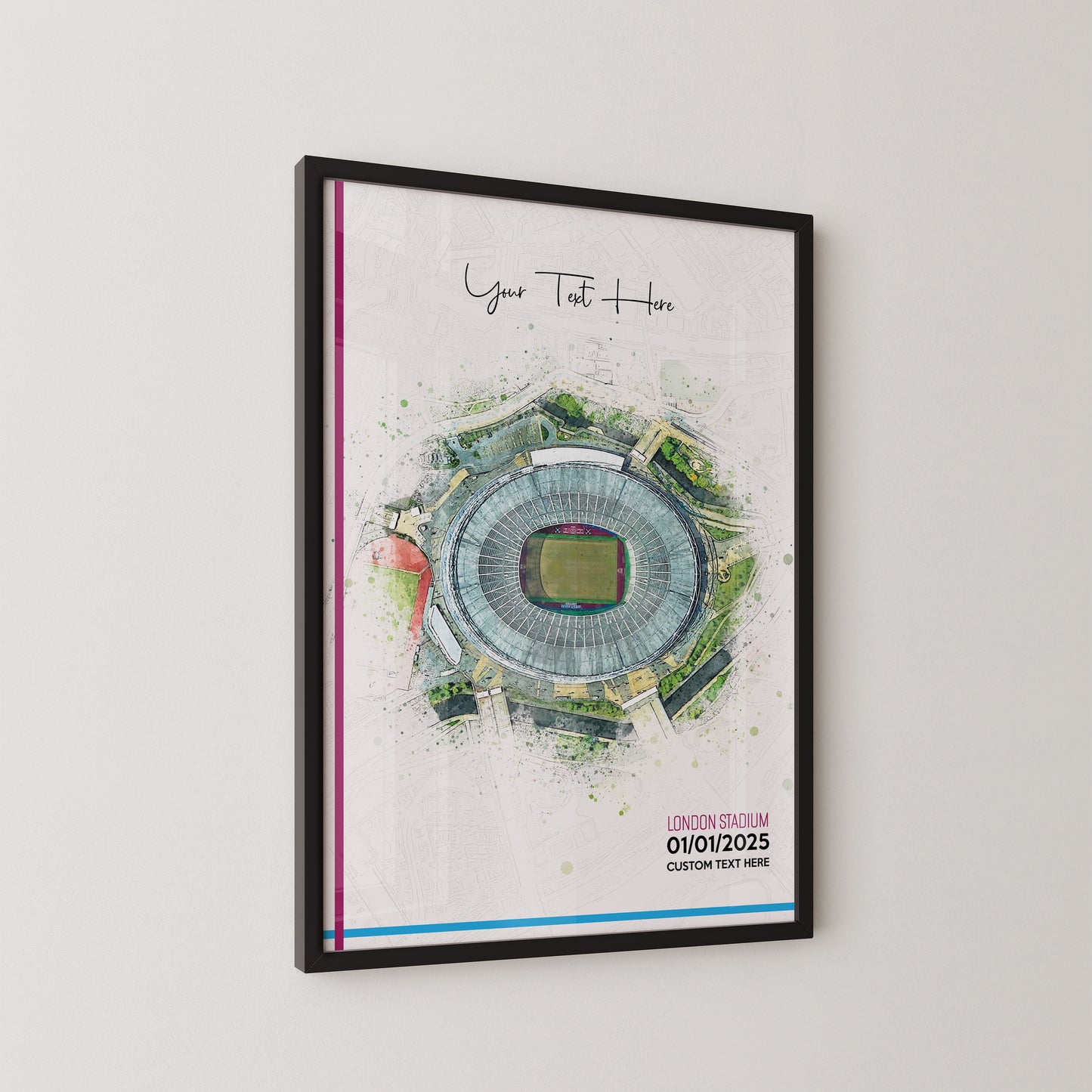 West Ham United, 'London Stadium' Football Stadium Poster Artwork, Personalised Watercolour Art Print, Custom Aerial Layout - Framing options available ANY STADIUM Worldwide.