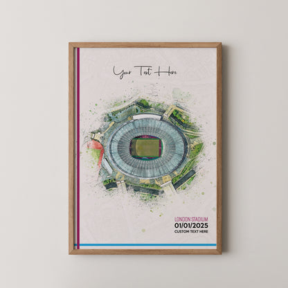 West Ham United, 'London Stadium' Football Stadium Poster Artwork, Personalised Watercolour Art Print, Custom Aerial Layout - Framing options available ANY STADIUM Worldwide.