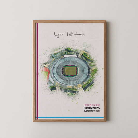 West Ham United, 'London Stadium' Football Stadium Poster Artwork, Personalised Watercolour Art Print, Custom Aerial Layout - Framing options available ANY STADIUM Worldwide.