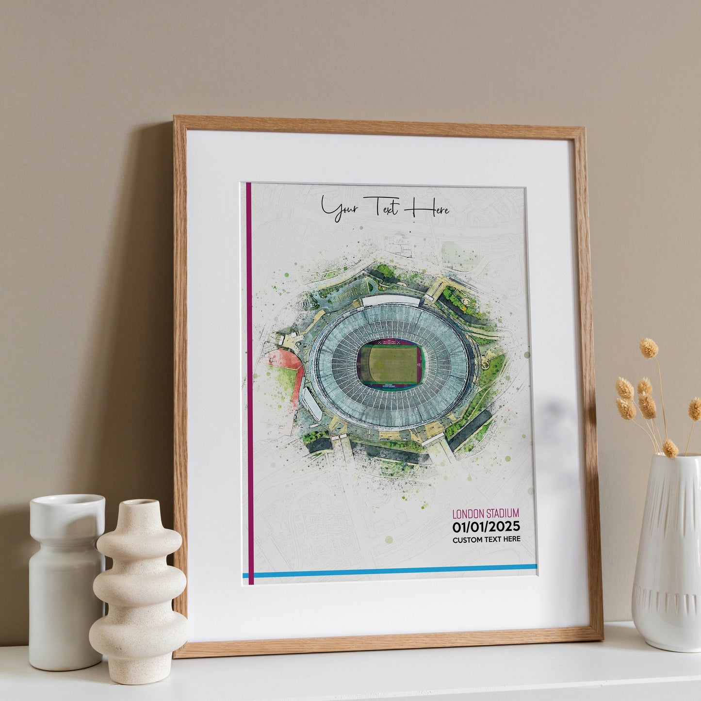 West Ham United, 'London Stadium' Football Stadium Poster Artwork, Personalised Watercolour Art Print, Custom Aerial Layout - Framing options available ANY STADIUM Worldwide.