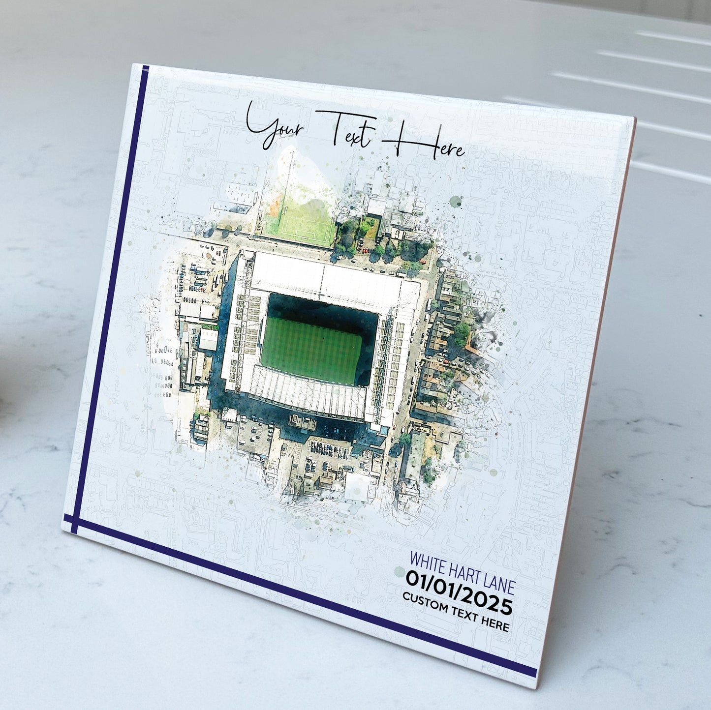 Personalised Football Stadium Aerial Watercolour Style Artwork on Mounted Ceramic Tile