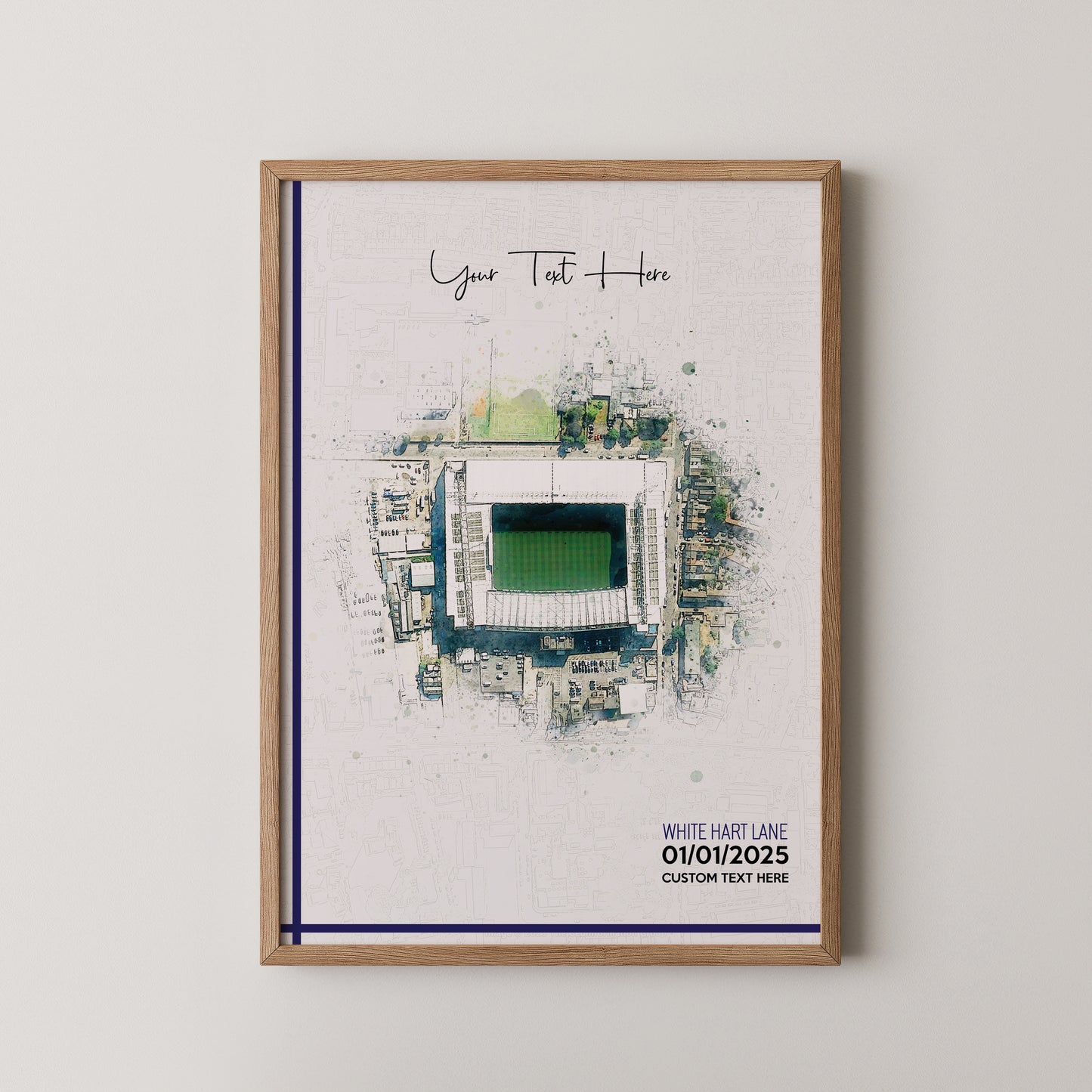 Tottenham Hotspur, 'White Hart Lane' Football Stadium Poster Artwork, Personalised Watercolour Art Print, Custom Aerial Layout - Framing options available ANY STADIUM Worldwide.