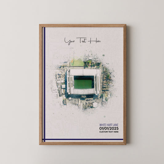 Tottenham Hotspur, 'White Hart Lane' Football Stadium Poster Artwork, Personalised Watercolour Art Print, Custom Aerial Layout - Framing options available ANY STADIUM Worldwide.