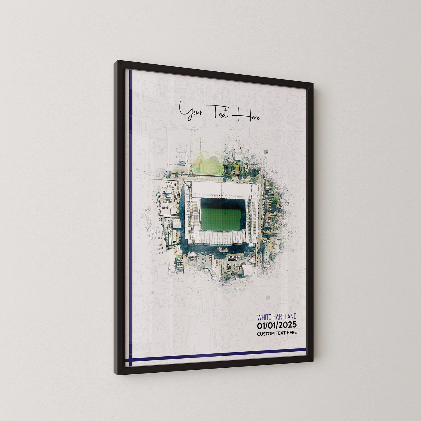 Tottenham Hotspur, 'White Hart Lane' Football Stadium Poster Artwork, Personalised Watercolour Art Print, Custom Aerial Layout - Framing options available ANY STADIUM Worldwide.