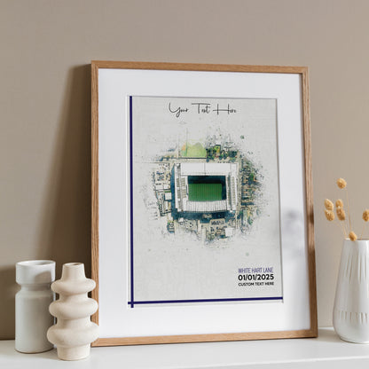 Tottenham Hotspur, 'White Hart Lane' Football Stadium Poster Artwork, Personalised Watercolour Art Print, Custom Aerial Layout - Framing options available ANY STADIUM Worldwide.