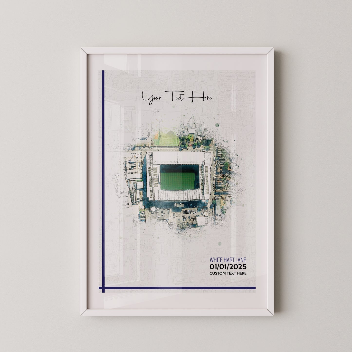 Tottenham Hotspur, 'White Hart Lane' Football Stadium Poster Artwork, Personalised Watercolour Art Print, Custom Aerial Layout - Framing options available ANY STADIUM Worldwide.
