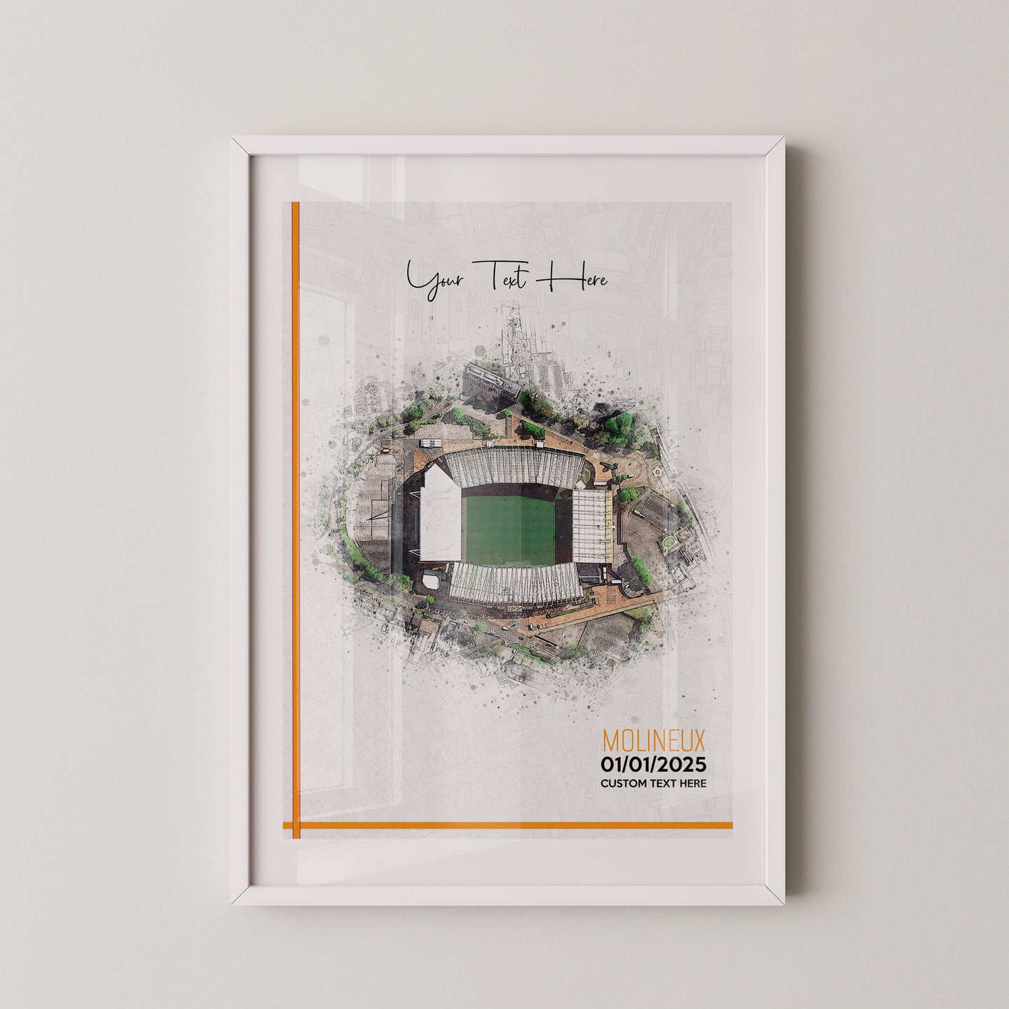 Wolverhampton Wanderers, 'Molineux' Football Stadium Poster Artwork, Personalised Watercolour Art Print, Custom Aerial Layout - Framing options available ANY STADIUM Worldwide.