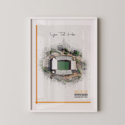 Wolverhampton Wanderers, 'Molineux' Football Stadium Poster Artwork, Personalised Watercolour Art Print, Custom Aerial Layout - Framing options available ANY STADIUM Worldwide.