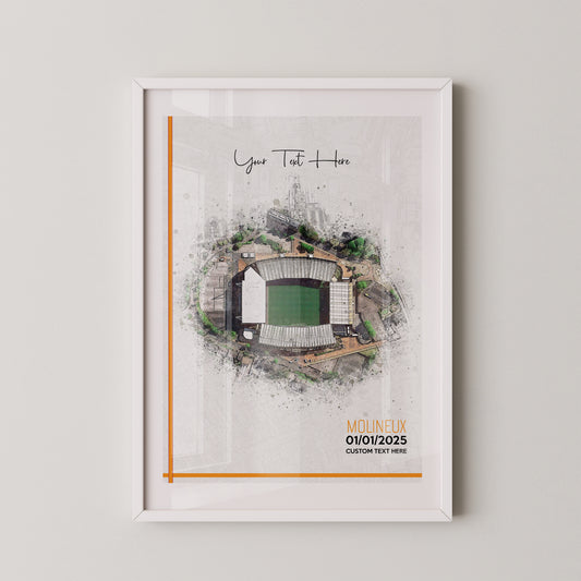 Wolverhampton Wanderers, 'Molineux' Football Stadium Poster Artwork, Personalised Watercolour Art Print, Custom Aerial Layout - Framing options available ANY STADIUM Worldwide.