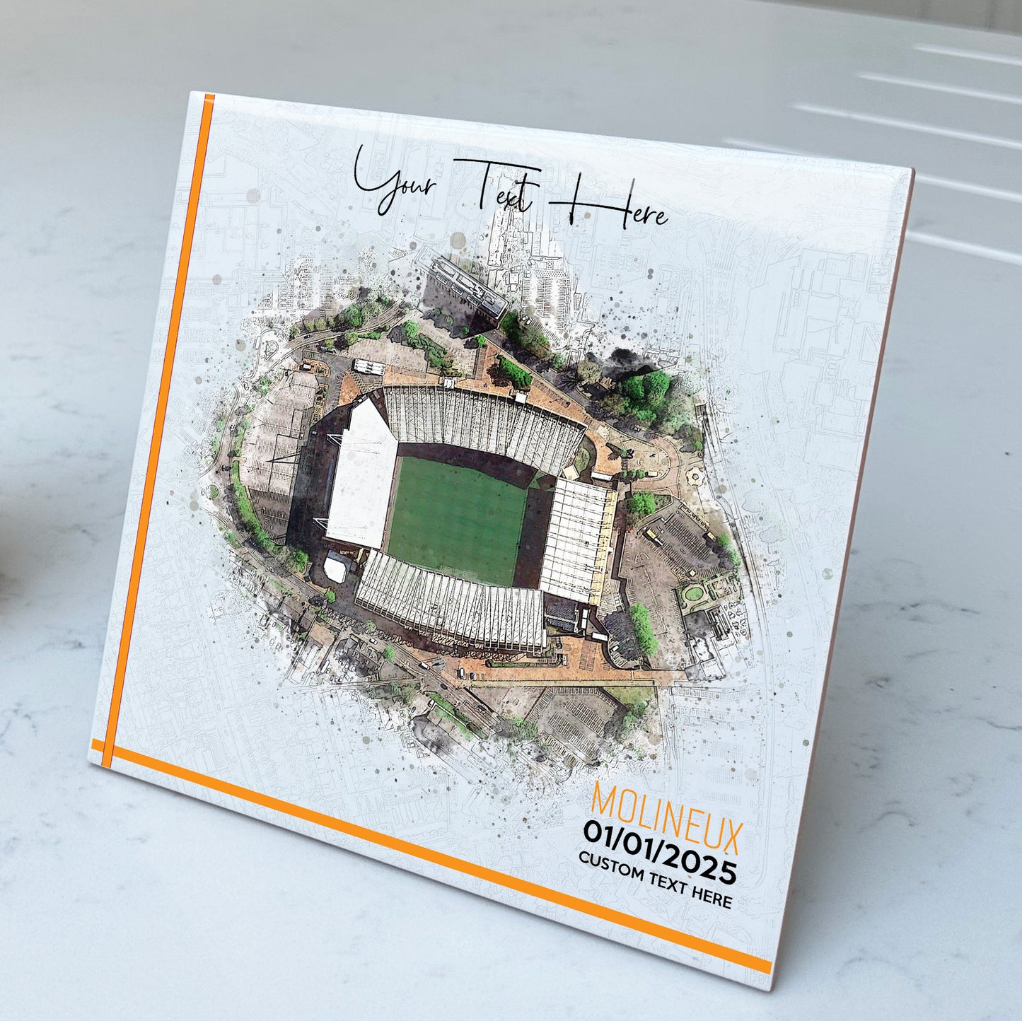 Personalised Football Stadium Aerial Watercolour Style Artwork on Mounted Ceramic Tile