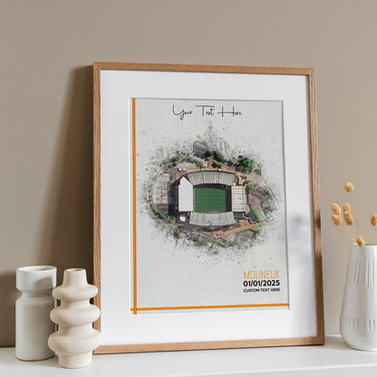 Wolverhampton Wanderers, 'Molineux' Football Stadium Poster Artwork, Personalised Watercolour Art Print, Custom Aerial Layout - Framing options available ANY STADIUM Worldwide.