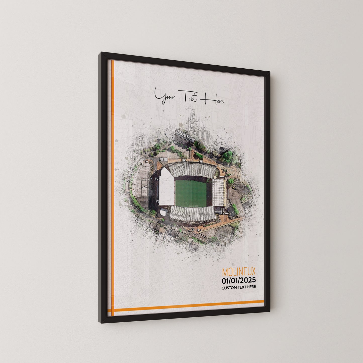 Wolverhampton Wanderers, 'Molineux' Football Stadium Poster Artwork, Personalised Watercolour Art Print, Custom Aerial Layout - Framing options available ANY STADIUM Worldwide.