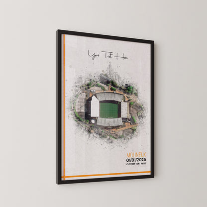 Wolverhampton Wanderers, 'Molineux' Football Stadium Poster Artwork, Personalised Watercolour Art Print, Custom Aerial Layout - Framing options available ANY STADIUM Worldwide.