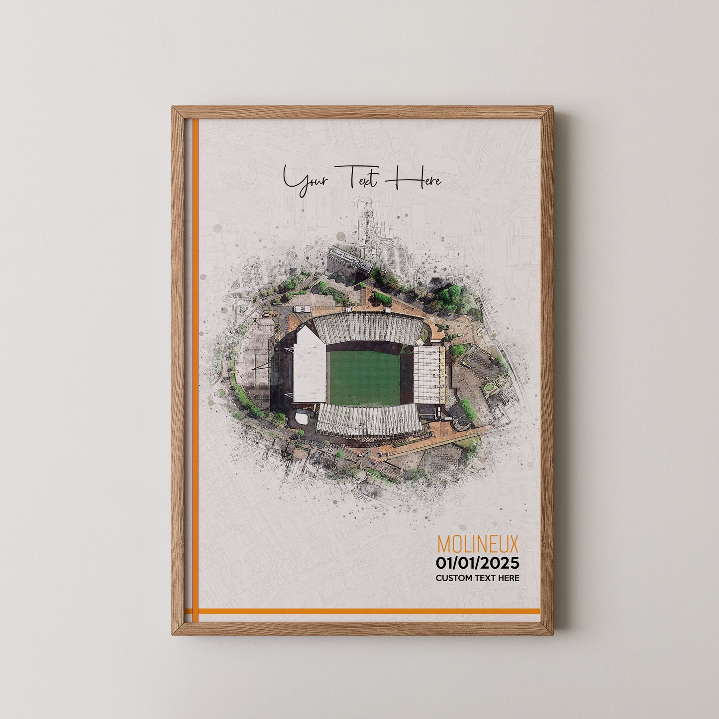 Wolverhampton Wanderers, 'Molineux' Football Stadium Poster Artwork, Personalised Watercolour Art Print, Custom Aerial Layout - Framing options available ANY STADIUM Worldwide.