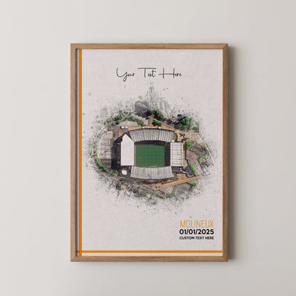 Wolverhampton Wanderers, 'Molineux' Football Stadium Poster Artwork, Personalised Watercolour Art Print, Custom Aerial Layout - Framing options available ANY STADIUM Worldwide.
