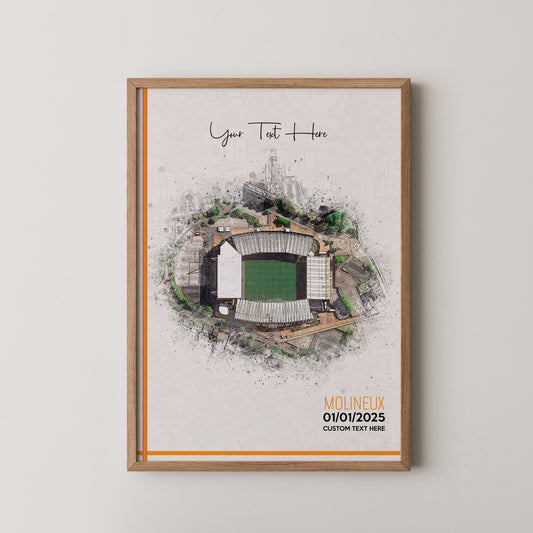 Wolverhampton Wanderers, 'Molineux' Football Stadium Poster Artwork, Personalised Watercolour Art Print, Custom Aerial Layout - Framing options available ANY STADIUM Worldwide.