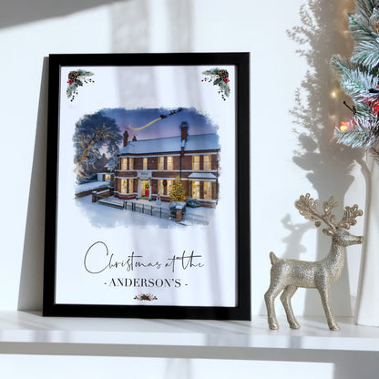 Custom Christmas Home/House Watercolour Scene Personalised Welcome Artwork. Framed or Unframed Print Various Sizes