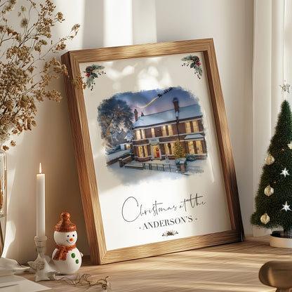 Custom Christmas Home/House Watercolour Scene Personalised Welcome Artwork. Framed or Unframed Print Various Sizes