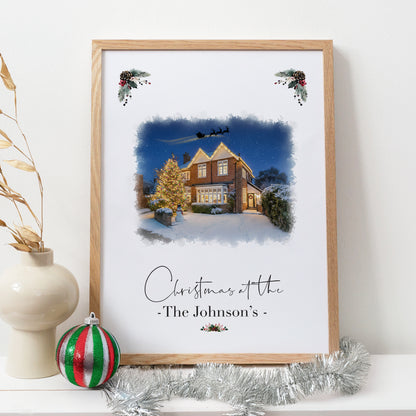Custom Christmas Home/House Watercolour Scene Personalised Welcome Artwork. Framed or Unframed Print Various Sizes
