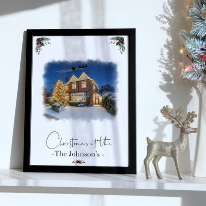 Custom Christmas Home/House Watercolour Scene Personalised Welcome Artwork. Framed or Unframed Print Various Sizes