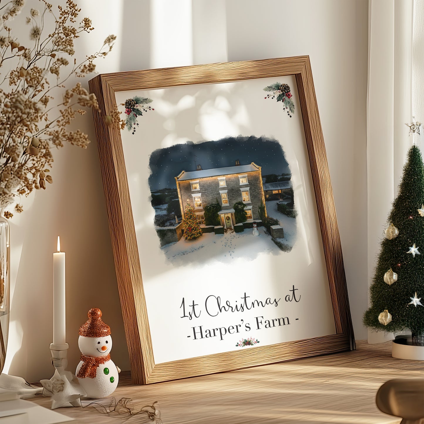 Custom Christmas Home/House Watercolour Scene Personalised Welcome Artwork. Framed or Unframed Print Various Sizes