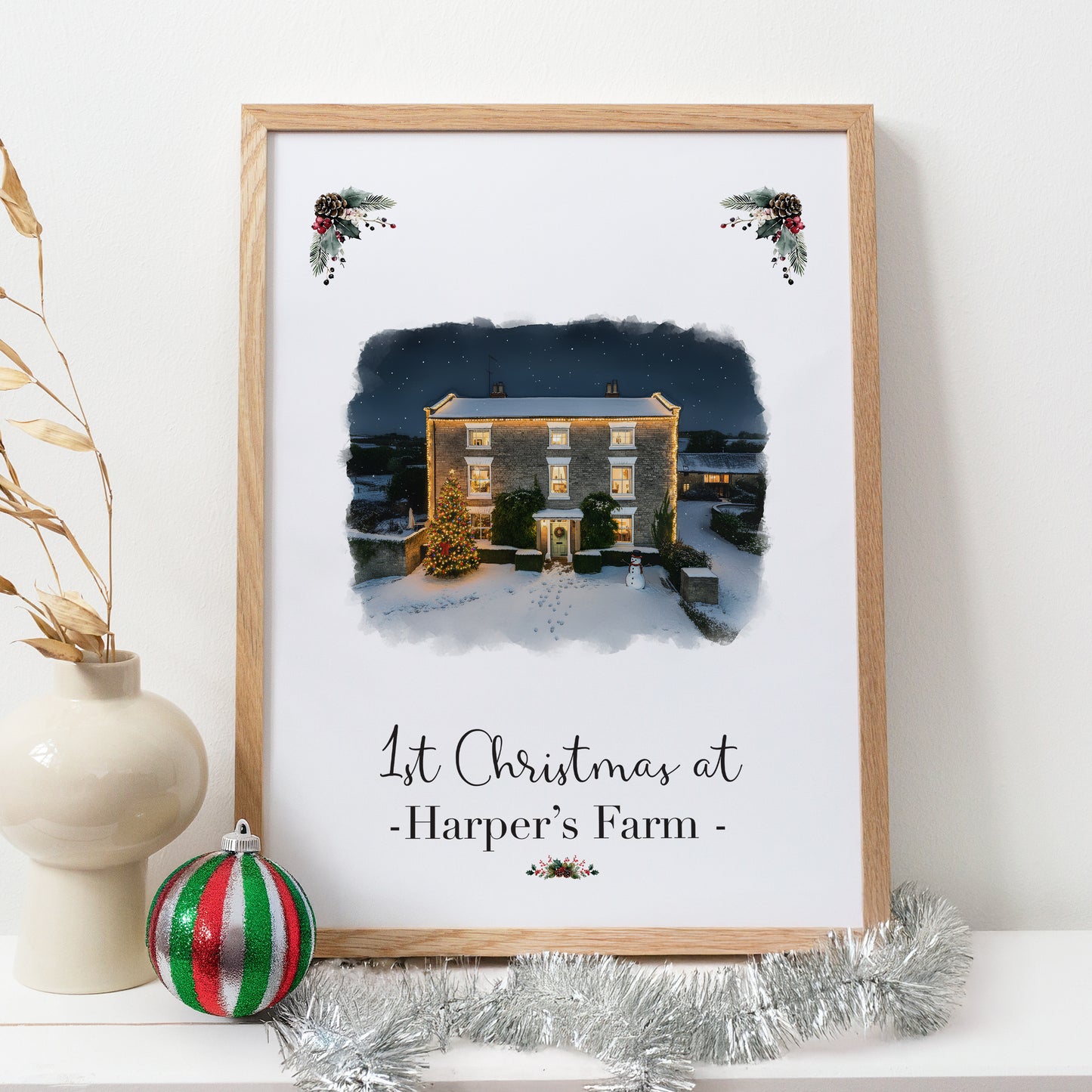 Custom Christmas Home/House Watercolour Scene Personalised Welcome Artwork. Framed or Unframed Print Various Sizes