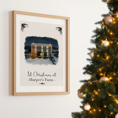 Custom Christmas Home/House Watercolour Scene Personalised Welcome Artwork. Framed or Unframed Print Various Sizes