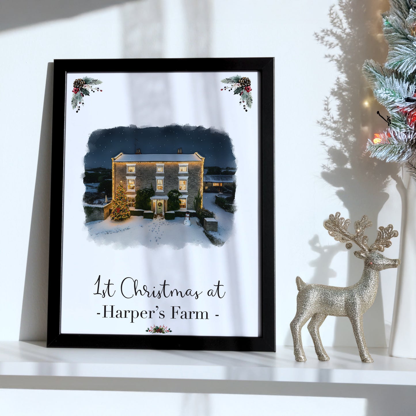 Custom Christmas Home/House Watercolour Scene Personalised Welcome Artwork. Framed or Unframed Print Various Sizes