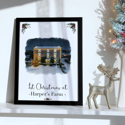 Custom Christmas Home/House Watercolour Scene Personalised Welcome Artwork. Framed or Unframed Print Various Sizes