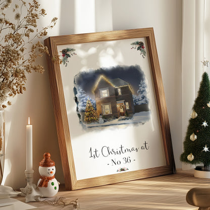 Custom Christmas Home/House Watercolour Scene Personalised Welcome Artwork. Framed or Unframed Print Various Sizes