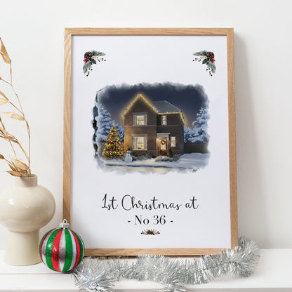 Custom Christmas Home/House Watercolour Scene Personalised Welcome Artwork. Framed or Unframed Print Various Sizes
