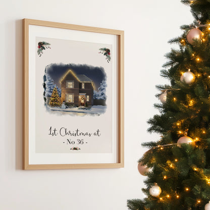Custom Christmas Home/House Watercolour Scene Personalised Welcome Artwork. Framed or Unframed Print Various Sizes