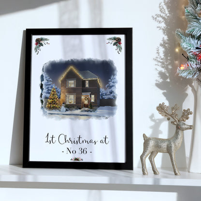 Custom Christmas Home/House Watercolour Scene Personalised Welcome Artwork. Framed or Unframed Print Various Sizes